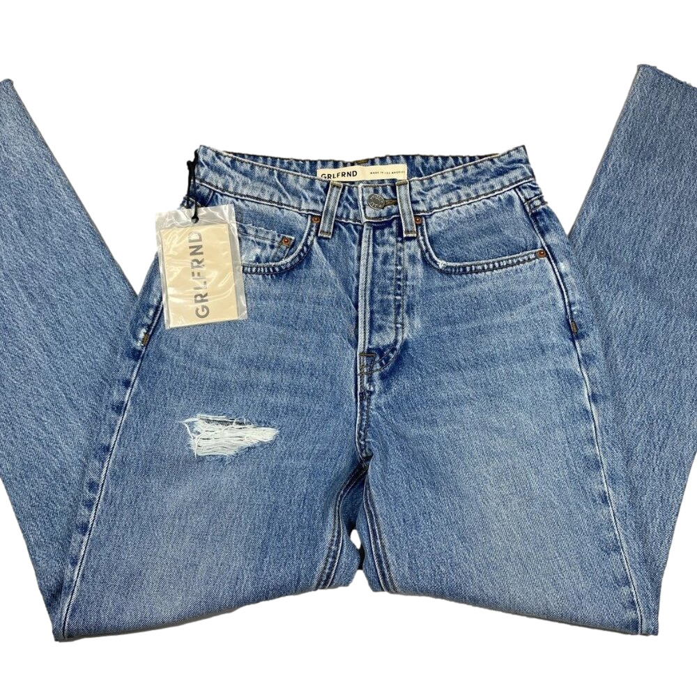 GRLFRND Women's Karolina High Rise Straight Crop Jeans Blue Size 23 Fray Hem
